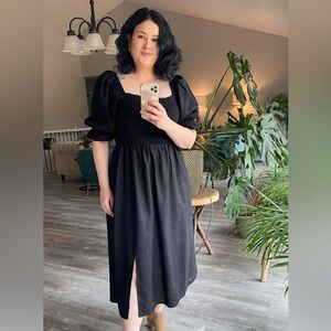 GAP Black Midi Ruched Sleeve Dress — L